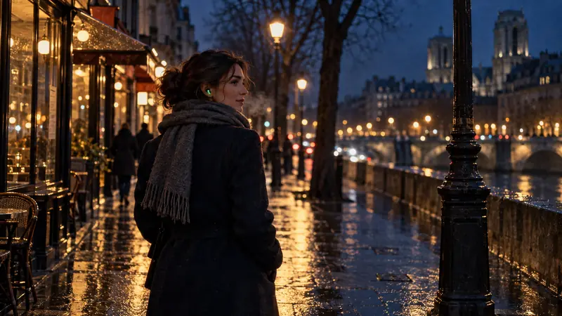Le soir, sous la pluie, sur un quai de Paris : une femme en manteau et écharpe marche, un écouteur à l’oreille marqué d’une lumière verte, le téléphone rangé.