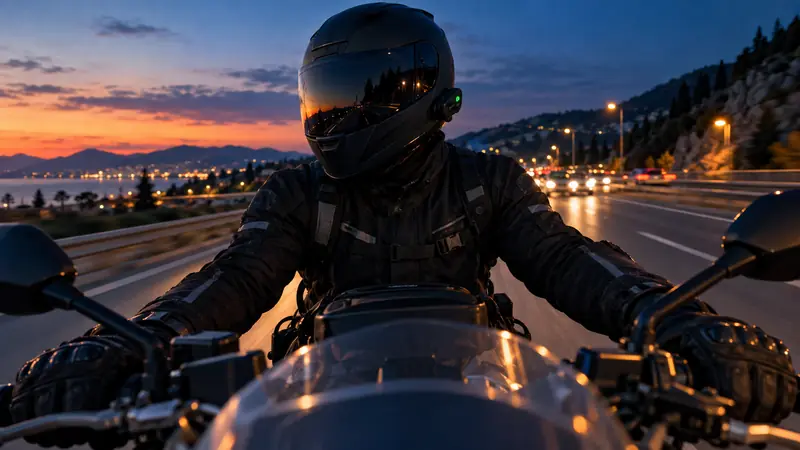 Un motard au crépuscule sur une voie rapide, casque fermé, l’intercom fixé sur le côté avec sa lumière verte, les deux mains sur le guidon.