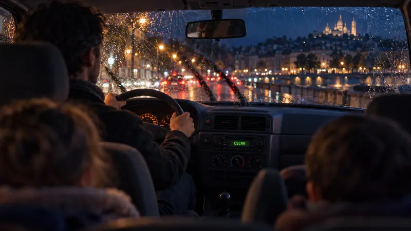 Dans une vieille voiture, la nuit, sous la pluie, vue de la banquette arrière : le conducteur tient le volant à deux mains, deux enfants de dos ; l’autoradio sans écran affiche OSCAR en vert.